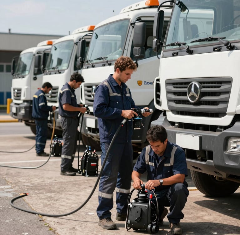 Frota de veículos utilitários de desentupimento alinhados sob luz do dia, com técnicos uniformizados em primeiro plano ajustando equipamentos de hidrojateamento.