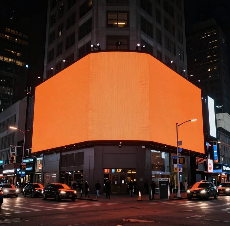 High-contrast wide-angle environmental shot of a massive digital billboard on a busy Manhattan street corner at night, sharp shadows, vibrant orange glow from headlights.
