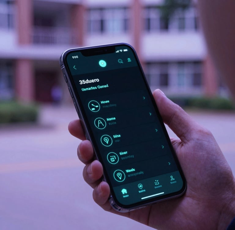 Close-up of a student holding a smartphone showing a clean dark-mode app interface with a neon teal glow, campus courtyard blurred in the background, shallow depth of field, 35mm