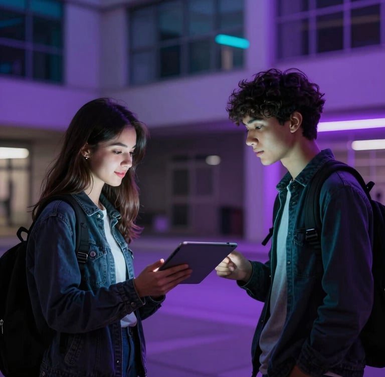 Tight dynamic shot of two college students meeting up on a neon-lit modern campus courtyard, exchanging a tablet, shallow depth of field, purple ambient glow.