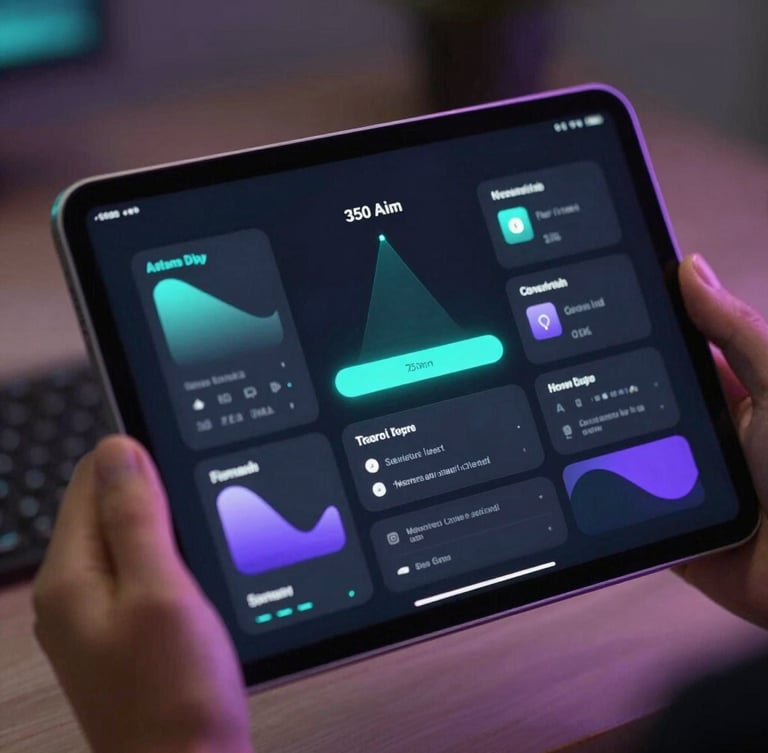 Close-up of a high-end tablet showing a clean dark-mode UI with teal and purple glowing accents, held by a young founder, shallow depth of field, 35mm