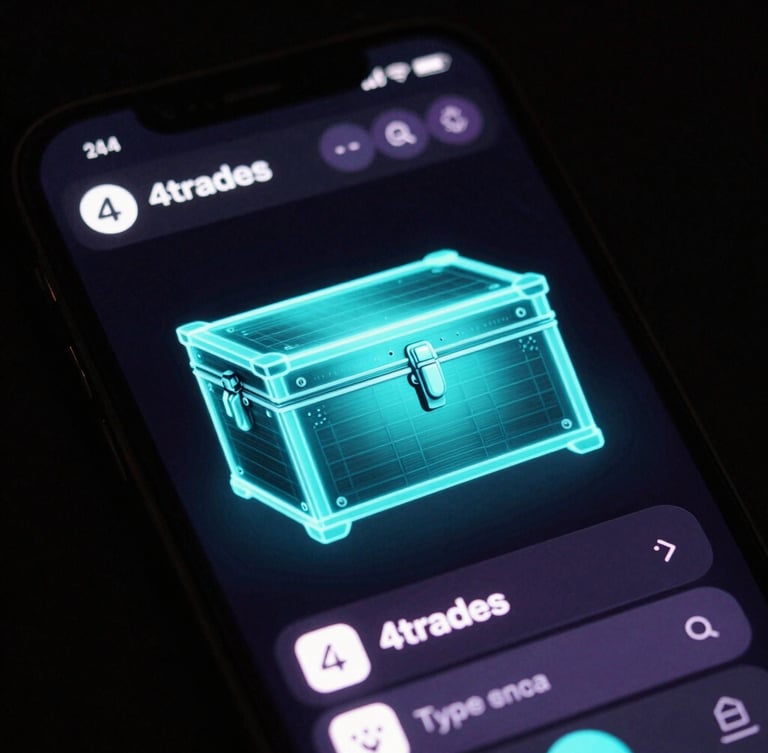 High-fidelity mobile app screenshot of the 4trades digital Chest interface on an iPhone, glowing neon teal and purple ambient reflections, dark tech aesthetic, 35mm photography