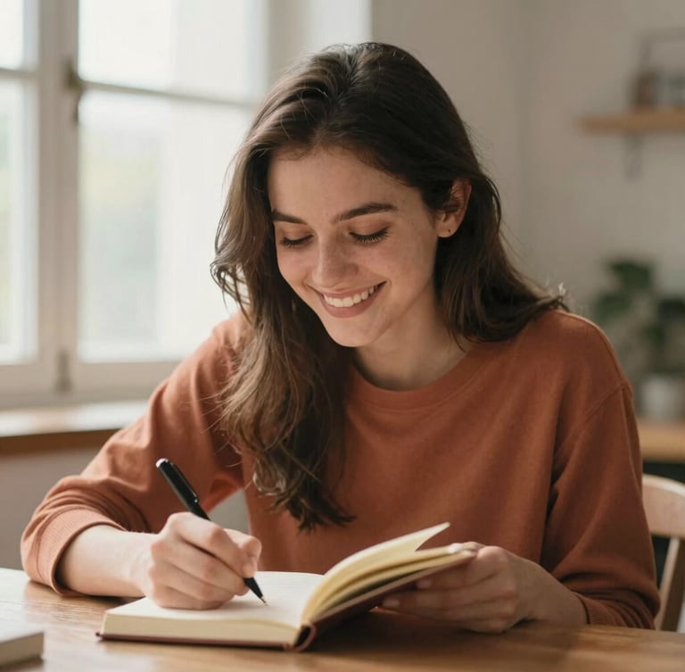 A young woman smiling naturally while writing in a journal, soft natural window light filtering through, warm terracotta tones, shallow depth of field, 35mm.