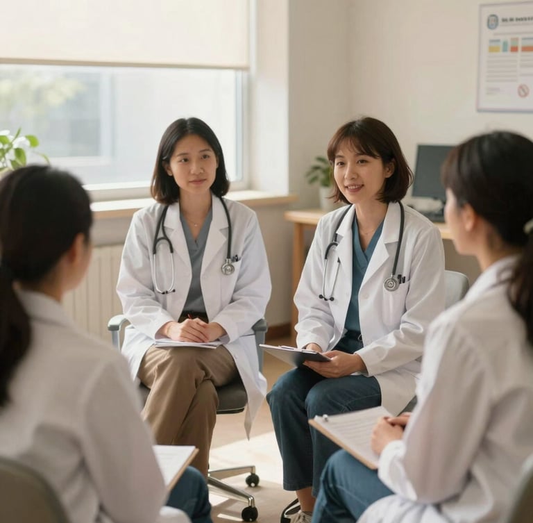 A warm, collaborative meeting of diverse female pediatricians and psychologists in a sunlit clinic office, soft natural light, shallow depth of field, 35mm.