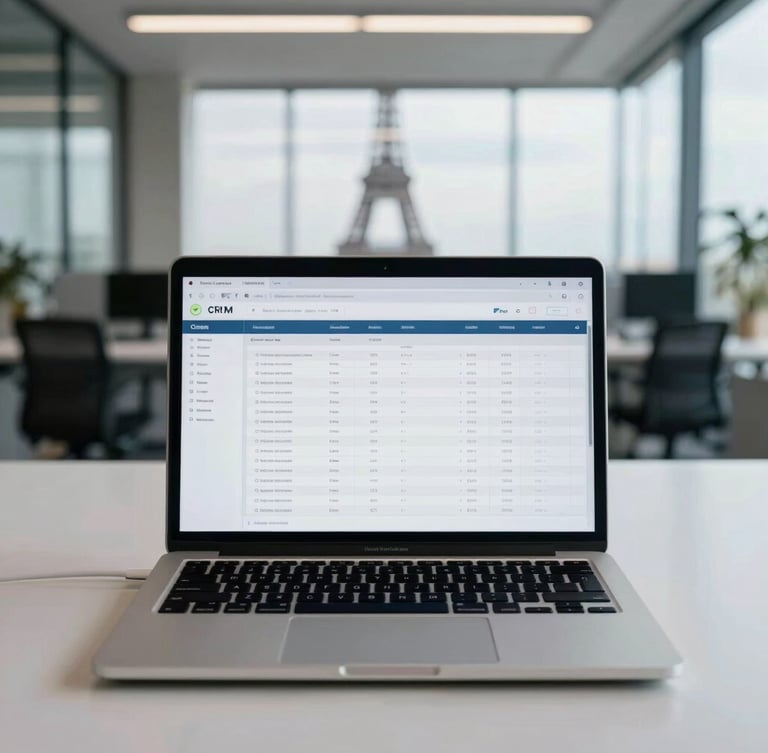 Straight-on clean view of a modern office desk in Paris, daylight-balanced cool lighting, a laptop displaying a structured CRM software interface with clear slate-grey data tables, no people.