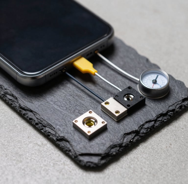 Close-up macro de um smartphone em um suporte de laboratório, com fios finos conectados a sensores de temperatura e um medidor de energia, sob iluminação técnica de estúdio, superfície cinza-concreto.