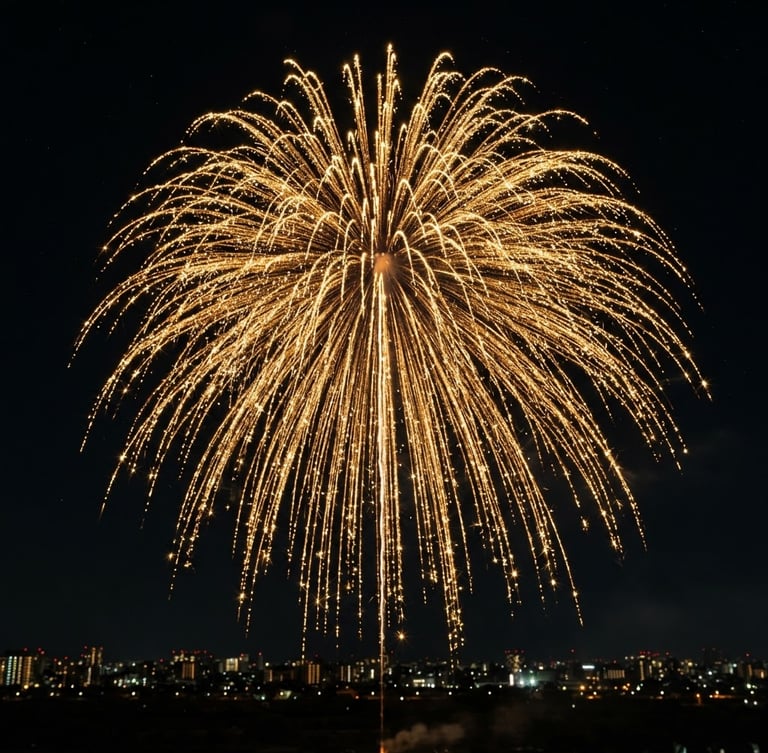 Vibrant night photography of a single golden willow firework burst, high contrast dark sky, sharp focus, 35mm