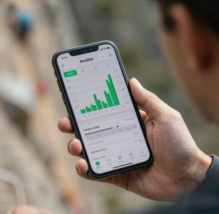 Over-the-shoulder shot of a modern smartphone displaying a climbing analytics chart with green conversion ticks, bright natural daylight