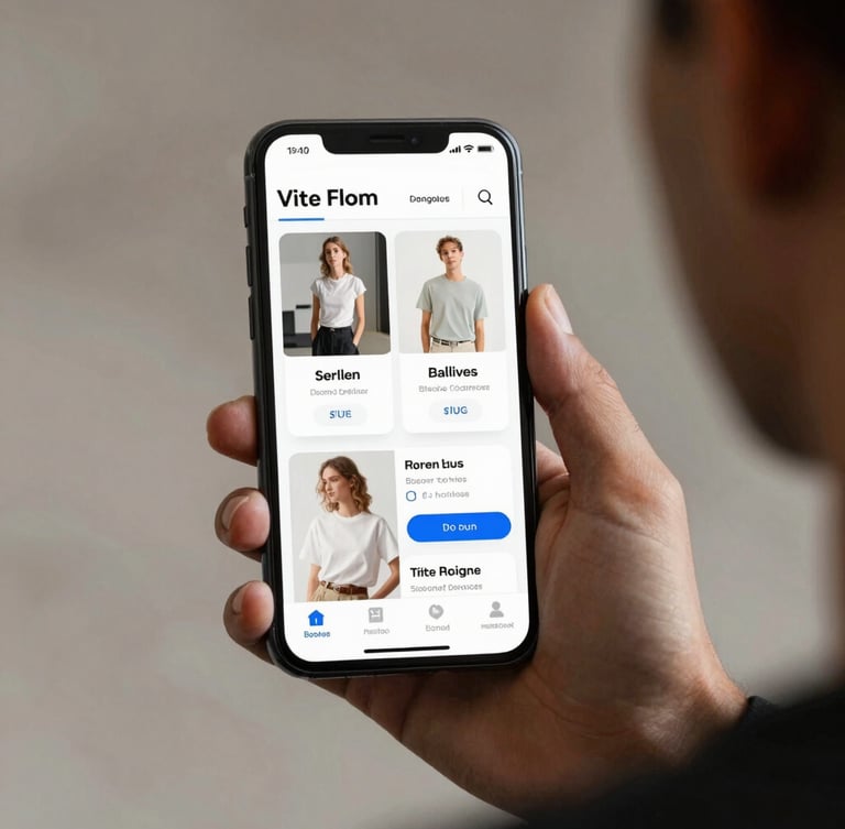 Over-the-shoulder view of a modern mobile e-commerce website interface on a phone screen, bright studio lighting, clean UI elements.