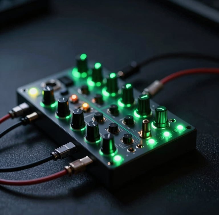 Macro shot of a modular synthesizer with glowing green LED lights and patched audio cables in a dark studio