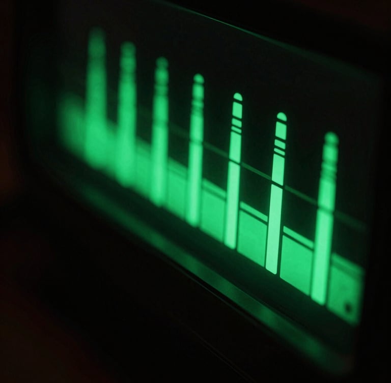 Macro shot of green LED audio level meters glowing in a dark music studio, sharp shadows, high-contrast cyber-brutalist aesthetic