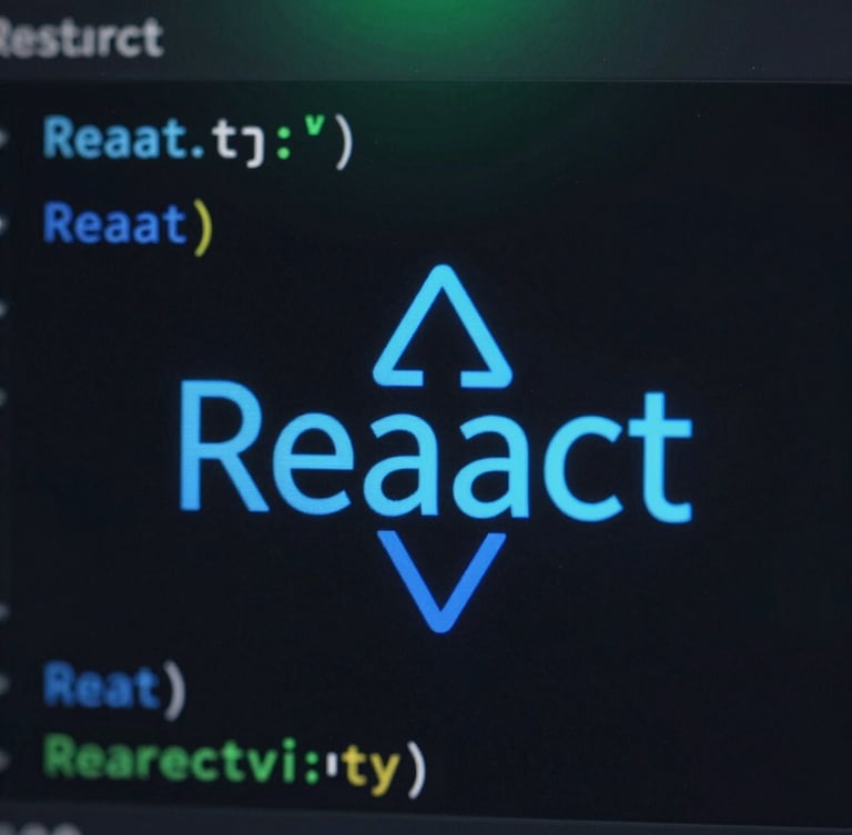 Macro close-up of a dark mode code editor displaying clean React code, electric blue syntax highlighting, soft cyber green glow in the background, sharp geometric composition.