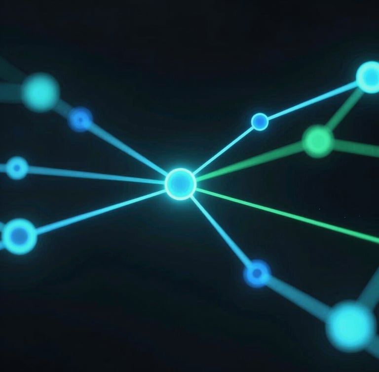 Macro close-up of abstract glowing digital nodes representing AI data flows, neon blue and cyber green light, dark background.