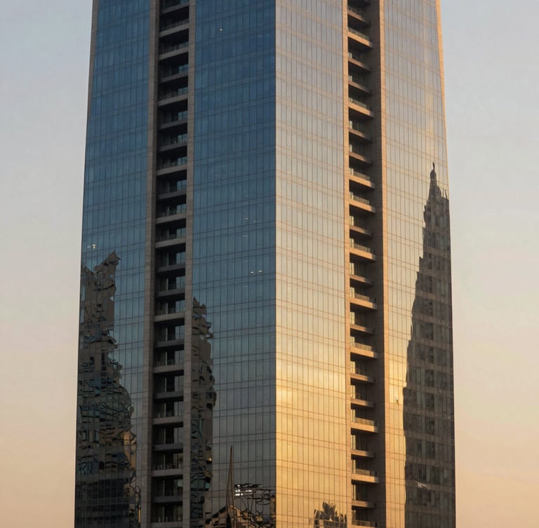 Architectural detail of modern financial district skyscraper in Riyadh, sharp geometric shadows, clean glass and steel lines against a warm golden-hour sky.