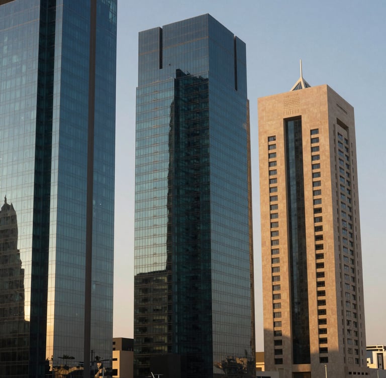 A sharp, high-contrast architectural crop of modern glass and concrete towers in the Riyadh financial district, casting deep geometric shadows under a warm golden-hour sun.