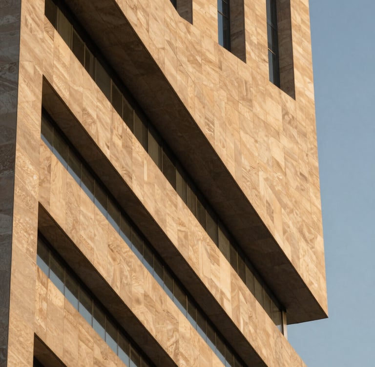 Abstract architectural geometry of a modern Riyadh skyscraper, sharp diagonal shadows against warm limestone, golden hour light, clean minimalist composition.