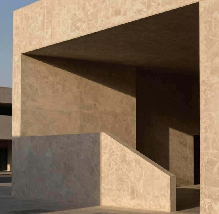High-contrast architectural shadows on modern concrete geometry in Riyadh financial district, sharp lines, warm golden-hour light