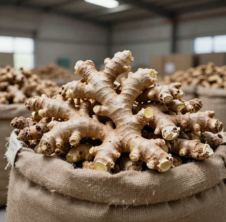 A high-contrast close-up of dried ginger rhizomes stacked in burlap sacks inside a clean, well-lit concrete warehouse, harsh light highlighting textures.