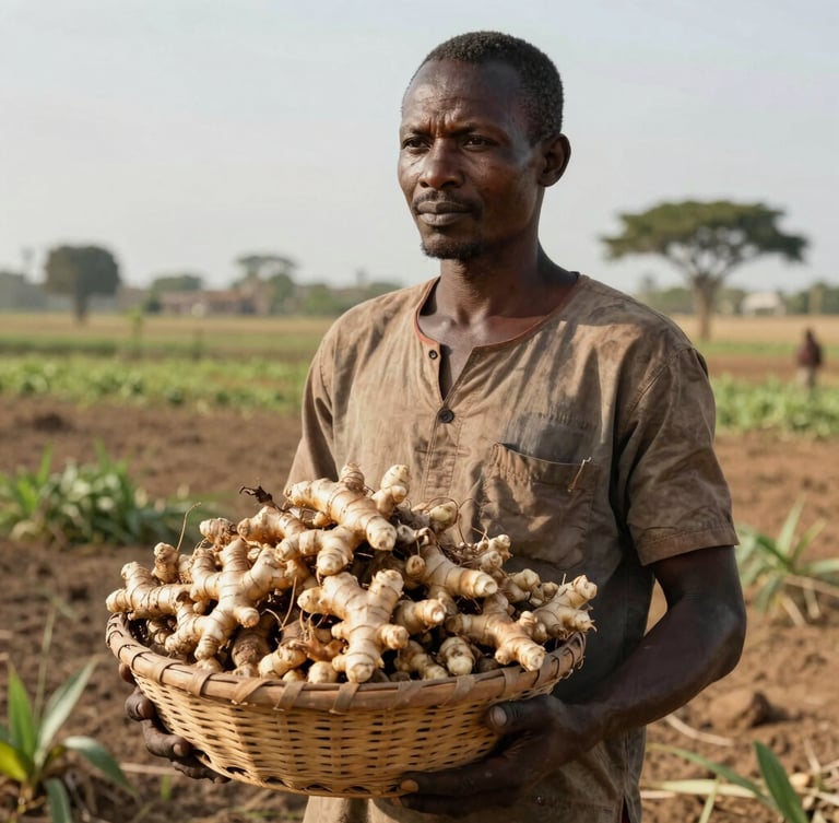 A West African farmer standing in a sun-drenched field holding a basket of dried ginger rhizomes, looking off-camera, realistic lighting.