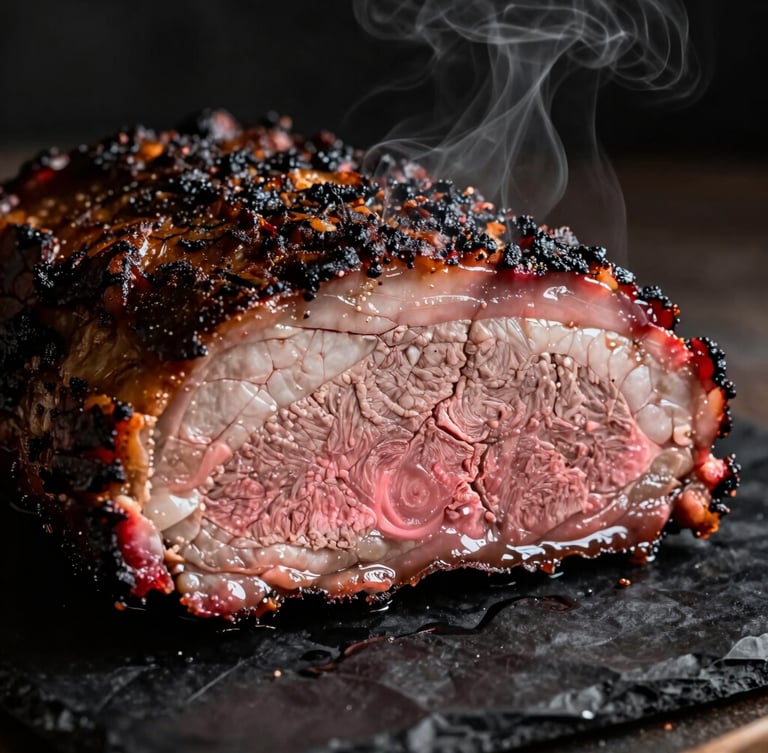 Extreme close-up of a thick slice of smoked brisket on black butcher paper, showing a prominent pink smoke ring, glistening moisture, and a dark textured bark, dramatic low-key lighting.