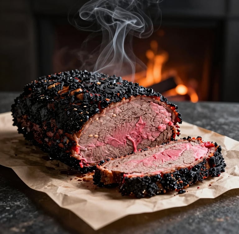Moody editorial food photography of a slow-smoked Texas brisket with a thick black bark and deep pink smoke ring, sliced on butcher paper, dramatic side-lighting, warm embers glowing in the background.