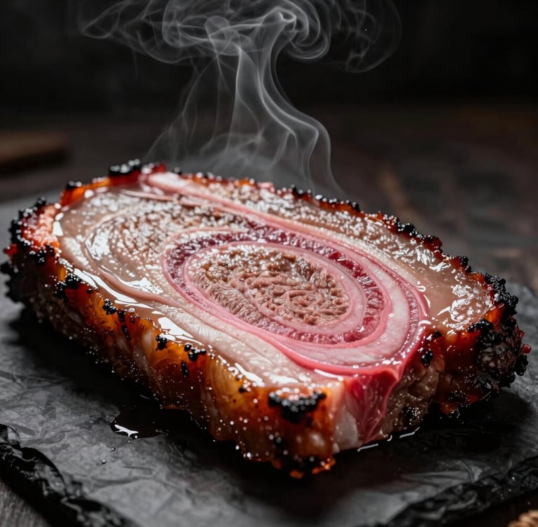 Extreme close-up of glistening smoked brisket showing a prominent pink smoke ring on black butcher paper, dramatic side-lighting, smoke haze, 50mm lens.