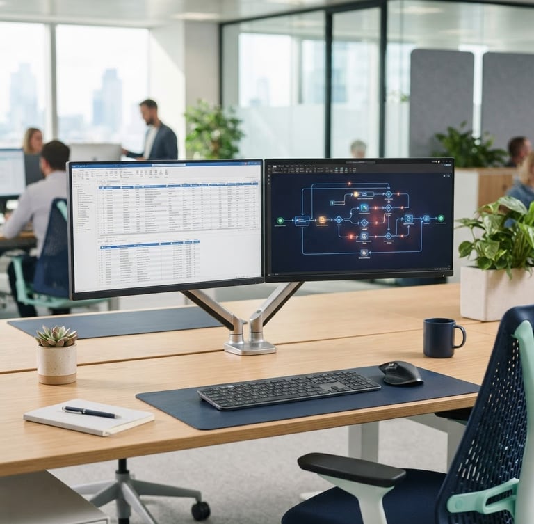 Clean modern UK office desk, dual monitors displaying structured database tables and automated workflow diagrams, bright natural daylight, 35mm