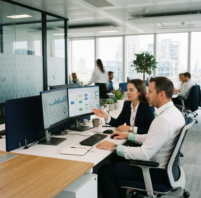 Modern UK corporate office interior with clean glass partitions, professional consultants reviewing operational workflows on dual monitors, bright natural daylight, crisp navy and mint accents, 35mm photography