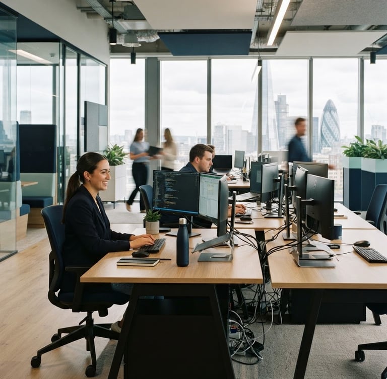 Professional UK office environment, clean modern desks with dual monitors, bright natural daylight, crisp navy accents, 35mm