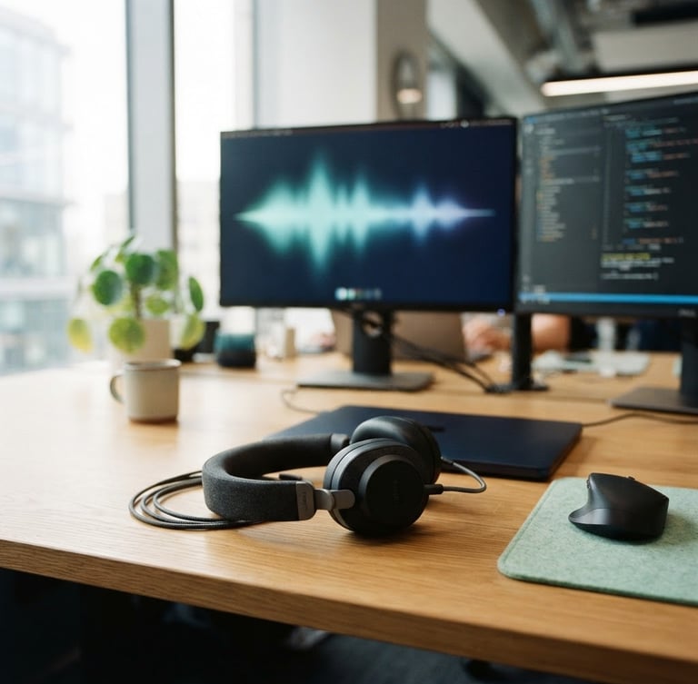 A professional UK workspace with a close-up of a high-quality headset resting on a clean oak desk, soft audio waveform visualization glowing on a dual monitor in the background, natural morning light.