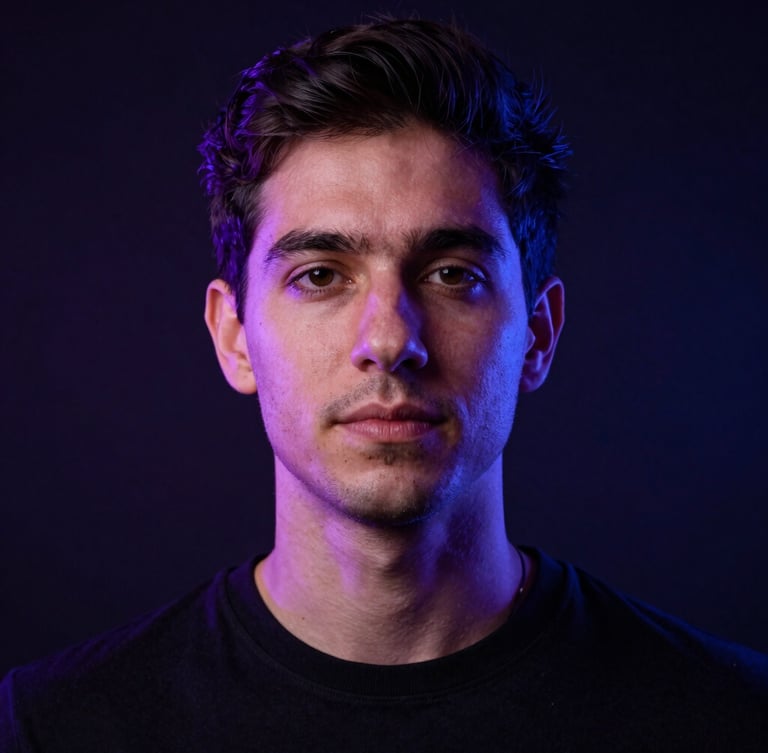 Professional close-up portrait of Matías, a tech developer, in a dark studio setting with subtle violet and blue backlighting, sharp focus, 35mm lens.