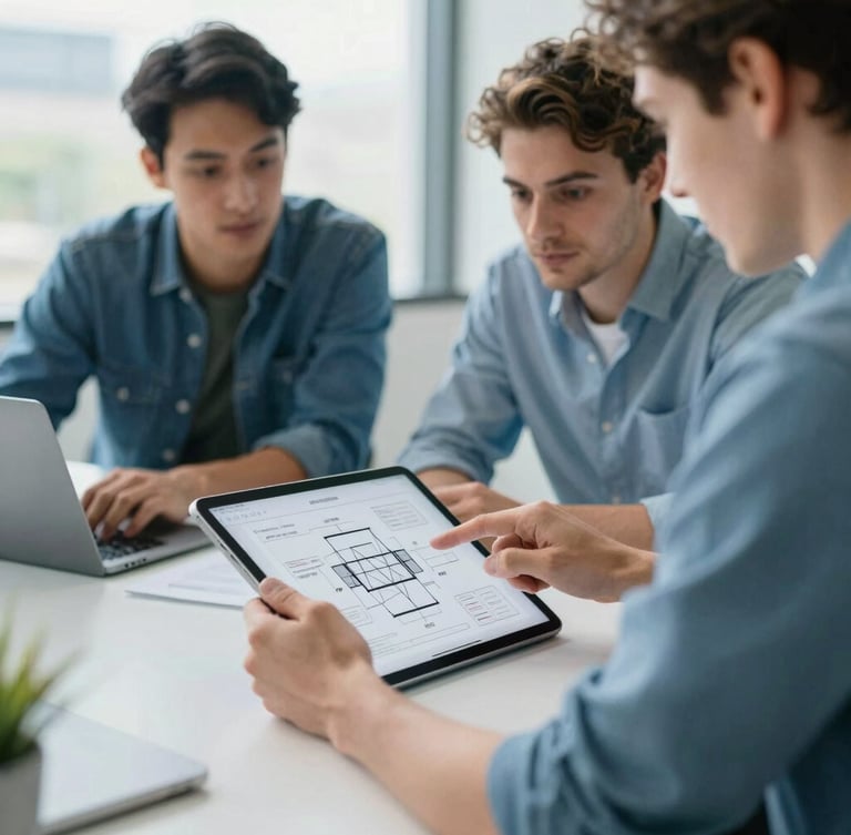A collaborative workspace with two developers discussing architectural diagrams on a tablet, bright natural daylight, cool blue tones, sharp focus, 35mm lens