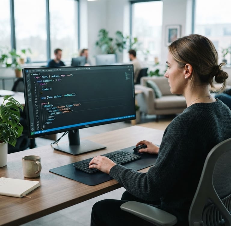 Over-the-shoulder view of a developer analyzing clean React code on a modern monitor, soft cool daylight, sharp focus, 35mm lens