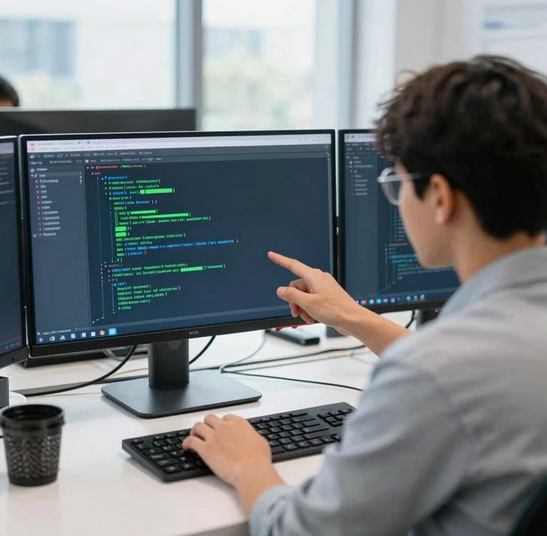 Over-the-shoulder view of a developer guiding a student through a React component on a monitor, bright daylight, modern office