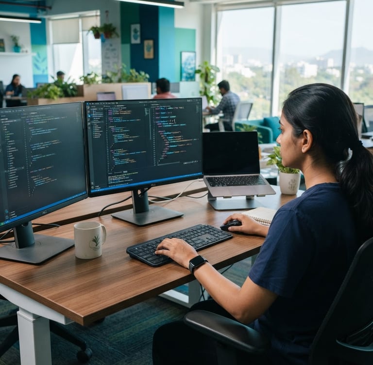 Over-the-shoulder view of a developer writing clean React code on a dual-monitor setup in a bright, modern Andhra Pradesh office, natural daylight, cool blue tones with green accents