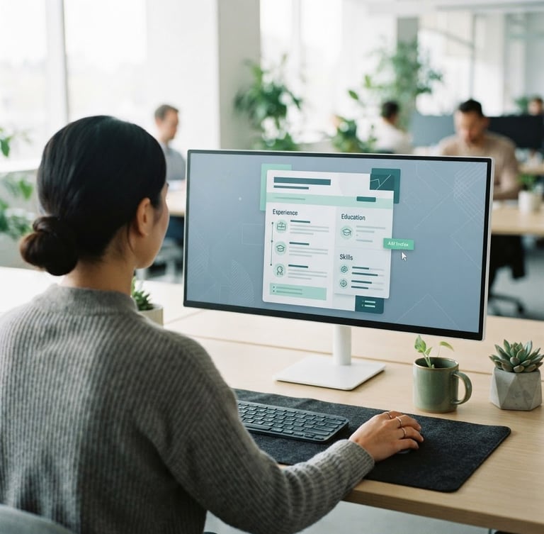 Over-the-shoulder view of a clean workspace with a monitor displaying an elegant, minimalist resume builder interface, cool blue tones with green accents, sharp focus.