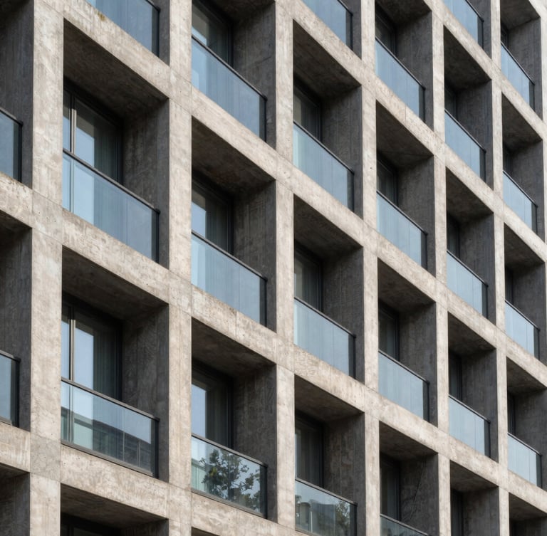 Abstract architectural photography of a modern concrete and glass building facade in Milan, sharp geometric lines, deep shadows, bright daylight, emphasizing structural rigor.