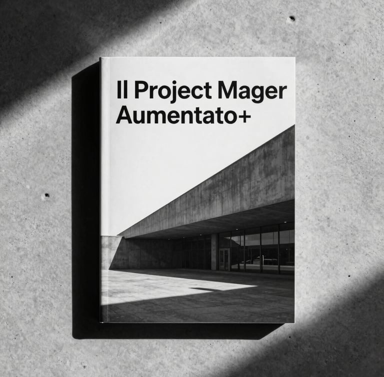 A high-contrast black and white photograph of a minimalist book cover titled 'Il Project Manager Aumentato+' resting on a clean concrete surface, architectural shadows casting across the scene.