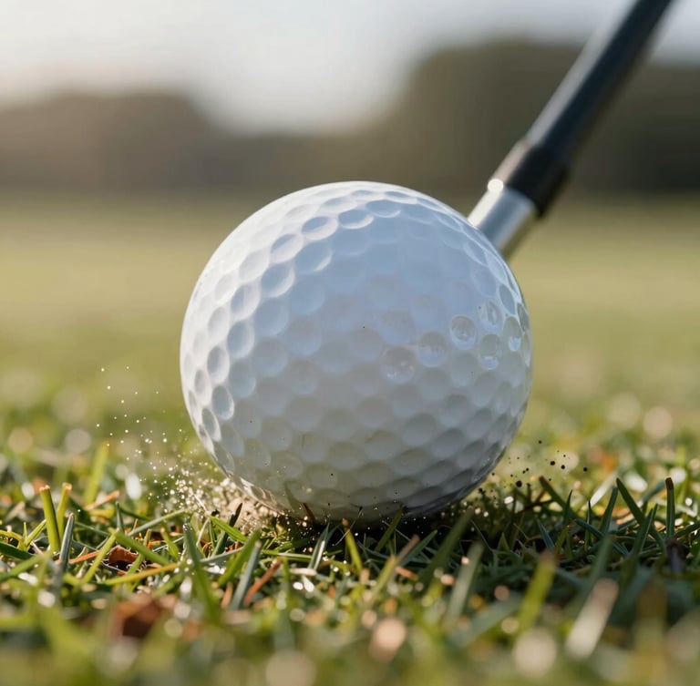 Close-up of golf ball compression at impact, turf exploding, razor-sharp focus, dramatic early morning sun