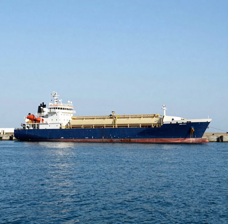 A commercial fuel transport vessel docked at a concrete harbor during bright daylight, deep blue water, clean industrial lines, 35mm crisp editorial photography