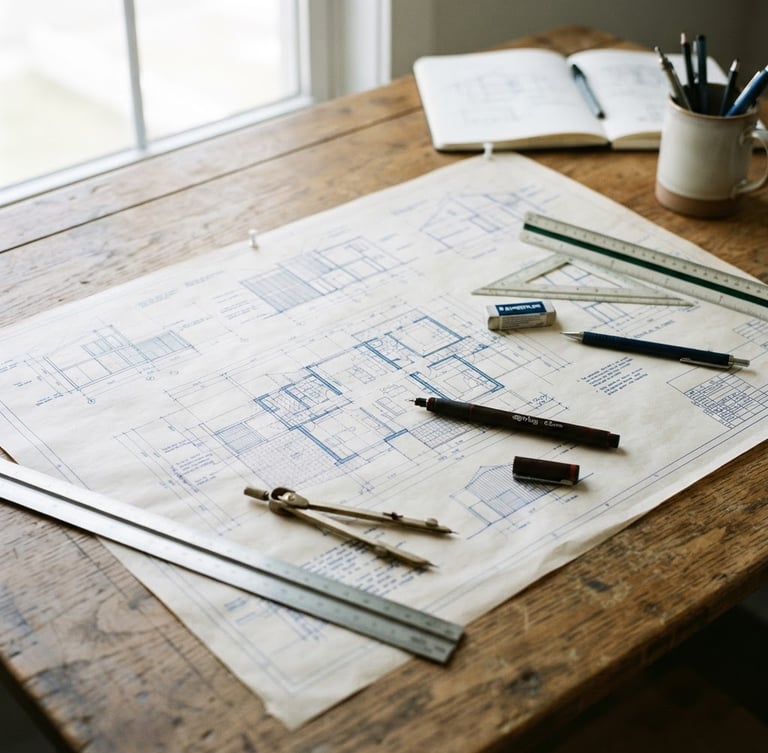 Crisp editorial photography of architectural drafts on a wooden drafting table, bright natural daylight, technical drawing tools, sophisticated blue and parchment tones, sharp focus, 35mm