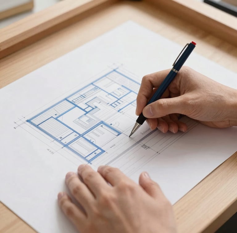 A close-up of a designer's hands adjusting a technical architectural drawing on a wooden drafting table, warm natural light casting soft shadows.