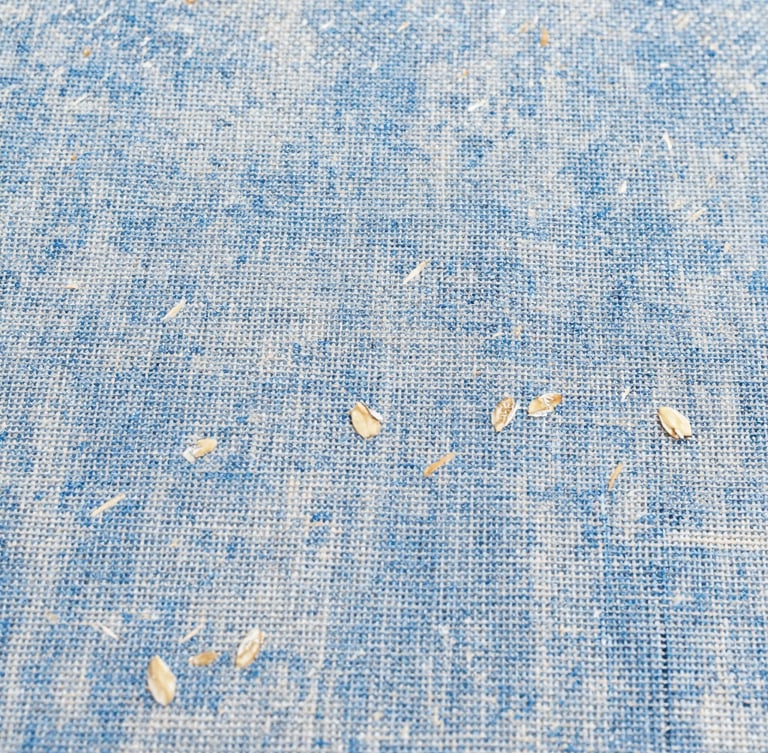 Close-up macro shot of textured oatmeal-colored linen fabric, showing the intricate weave and natural slubs, bright natural daylight, 35mm