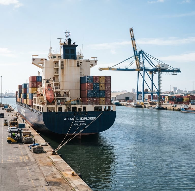 Wide-angle commercial cargo vessel docked at a harbor during bright daylight, clean slate blue water, industrial crane in the background, sharp focus, 35mm
