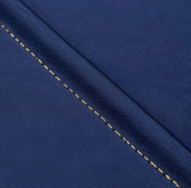 Macro shot of high-end athletic jersey fabric showing precise stitching, deep navy technical fibers with subtle gold weave, crisp studio lighting