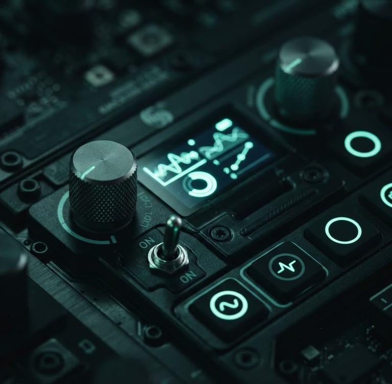 Macro shot of physical hardware interface with sharp neon-mint ambient screen glow, dark technical obsidian background, high contrast