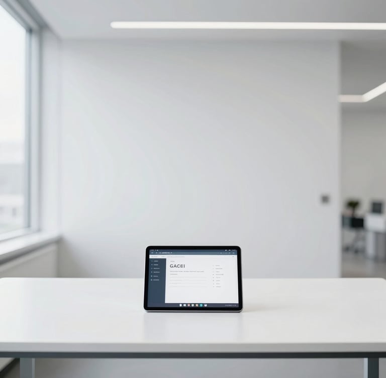 Minimalist corporate workspace, bright daylight, clean architectural lines, a tablet displaying a clean digital interface on a white desk, sharp focus