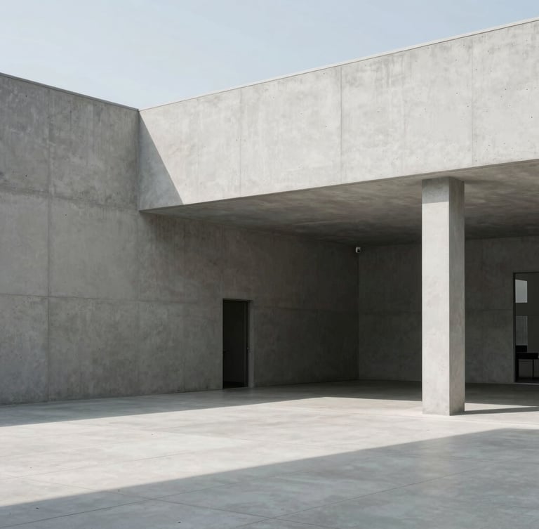 Wide architectural shot of a minimalist concrete office space, sharp lines, bright natural daylight, cool desaturated tones, 35mm