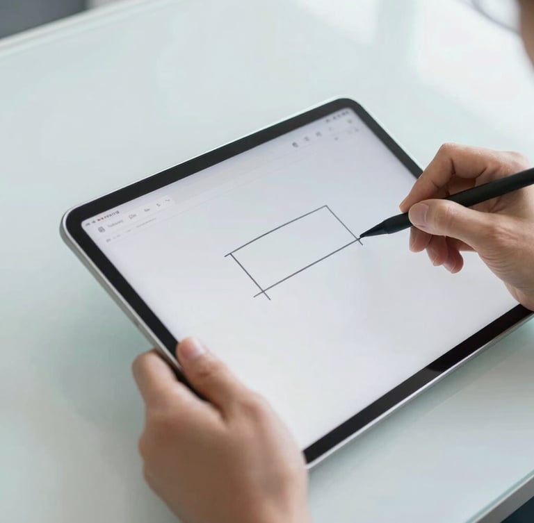Close-up of clean digital interfaces on a tablet, hands sketching a simple diagram on a structured whiteboard, daylight, sharp focus