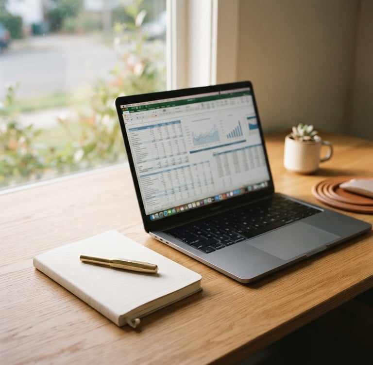 Meticulously organized modern desk with a sleek laptop displaying clean financial spreadsheets, a brass pen resting on a linen notebook, soft natural window light casting gentle shadows, warm cream and deep navy tones, shallow depth of field, 35mm film look.